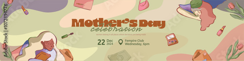 A customizable X-banner template for Mother’s Day events, with warm earthy tones and playful illustrations, ideal for creating professional and eye-catching event displays.
