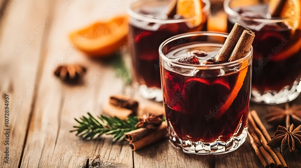 Mulled wine served with cinnamon, nutmeg, and a slice of orange. Mulled wine served with cinnamon, nutmeg, and a slice of orange.