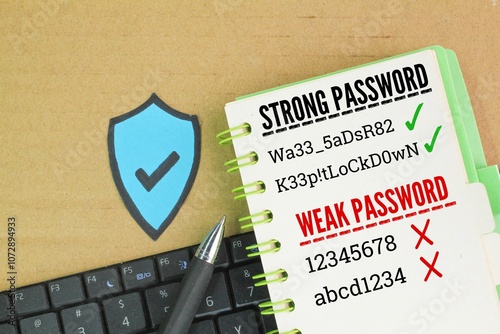 laptop keyboards and books with strong password words and weak passwords. the concept of finding a strong password. The concept of protecting online accounts from being hacked