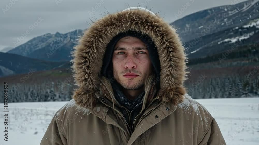 Portrait of a person outdoors in snowy landscape, wearing a fur-lined parka, calm expression. Portrait of a person outdoors in snowy landscape, wearing a fur-lined parka, calm expression.