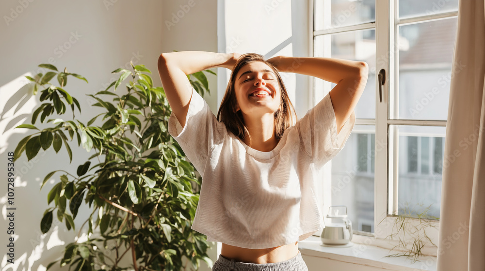 Close up alarm clock. Happy woman stretching on bed after waking up in the early morning at window side. Have a good day. Close up alarm clock. Happy woman stretching on bed after waking up in the early morning at window side. Have a good day.