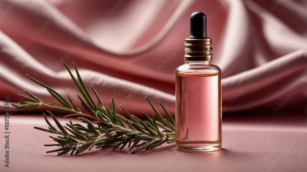 Fototapeta premium Aesthetic bottle of essential oil on a pink silk background. Rosemary on the side.