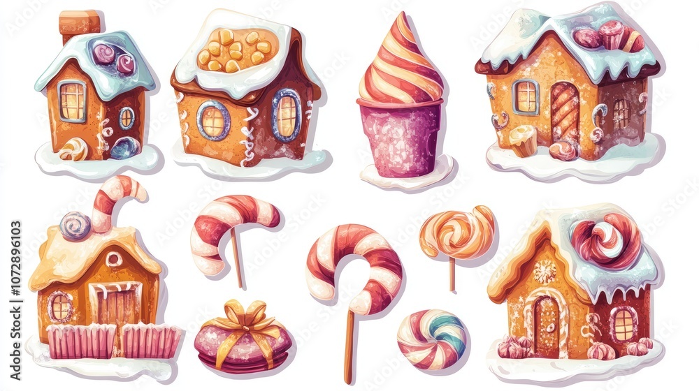 Design for sticker Gingerbread houses and candy illustration, vibrant colors, Collection of Christmas on white background Design for sticker Gingerbread houses and candy illustration, vibrant colors, Collection of Christmas on white background