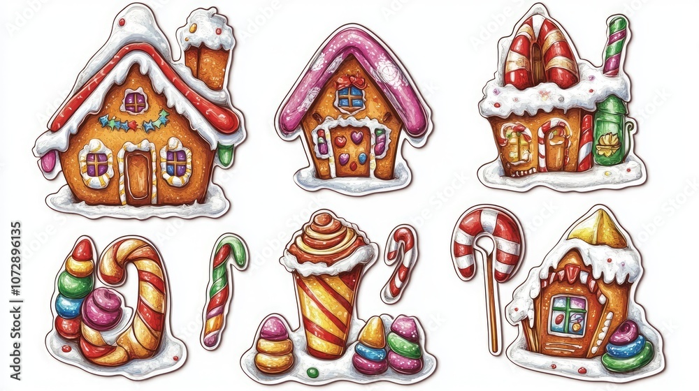 Design for sticker Gingerbread houses and candy illustration, vibrant colors, Collection of Christmas on white background