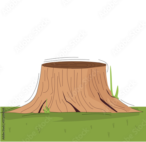 A tree stump. Stump in the forest, isolated tree trunk in nature with grass and plants. Tree stump