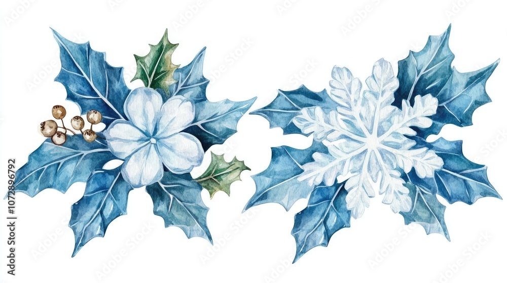Fototapeta premium Design for sticker snowflakes and holly leaves, Christmas theme, watercolor style, isolated on white background 
