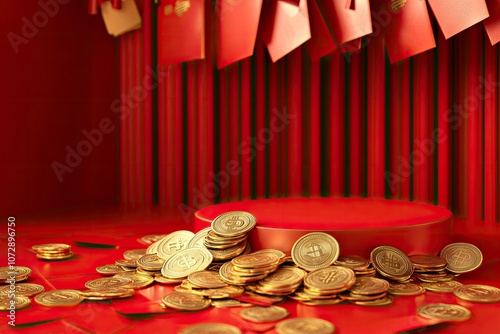 3d broadway style round podium with gold coins and red envelopes. Asian holiday theme background for product display with generative ai photo