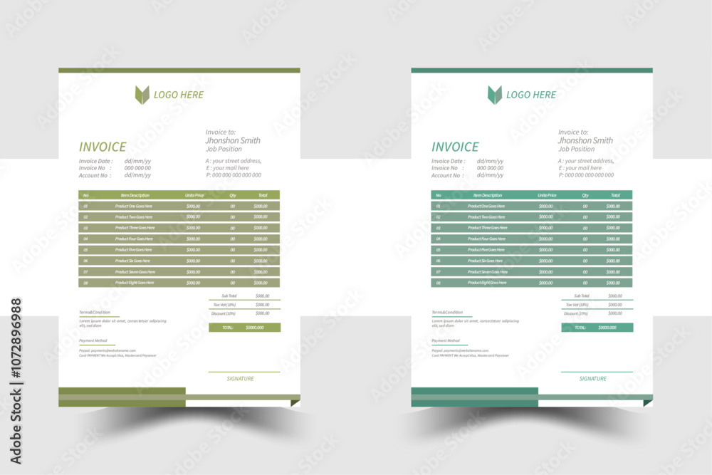 invoice template design with color and concept variation bundle.Modern business invoice bill template Premium Vector.Professional and modern invoice template. invoice template design with color and concept variation bundle.Modern business invoice bill template Premium Vector.Professional and modern invoice template.