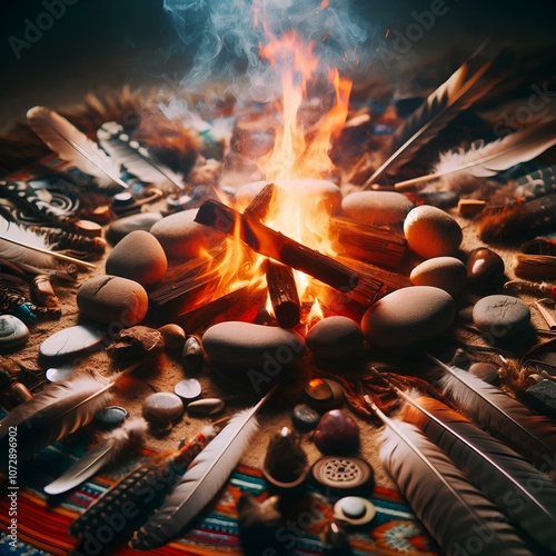 A sacred fire burning brightly in a Native American ritual, surrounded by stones and feathers. photo