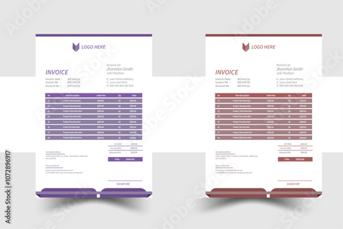 invoice template design with color and concept variation bundle.Modern business invoice bill template Premium Vector.Professional and modern invoice template.