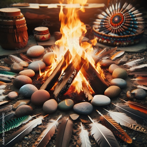 A sacred fire burning brightly in a Native American ritual, surrounded by stones and feathers. photo