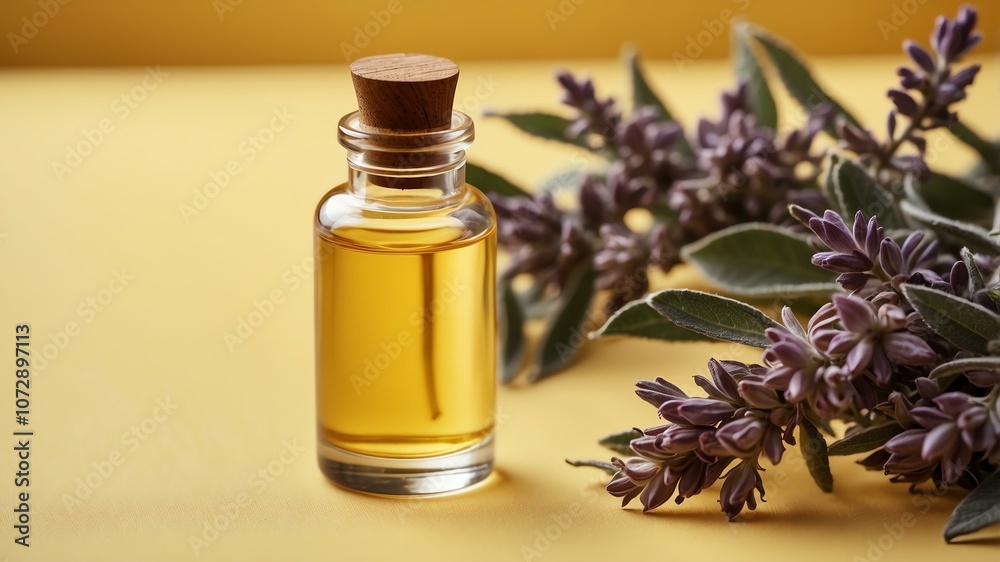Aesthetic bottle of essential oil on a yellow silk background. Clary Sage on the side. Aesthetic bottle of essential oil on a yellow silk background. Clary Sage on the side.