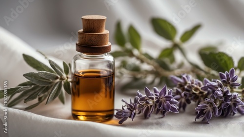 Aesthetic bottle of essential oil on a white silk background. Clary Sage on the side.