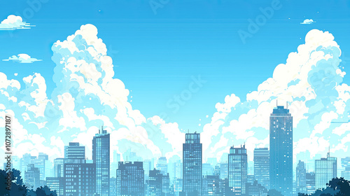 Wallpaper Mural vibrant city skyline under bright blue sky with fluffy clouds, showcasing modern buildings and serene atmosphere Torontodigital.ca