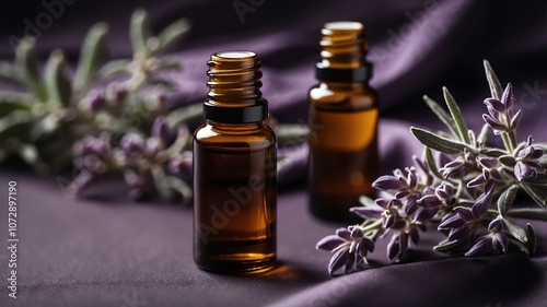 Aesthetic bottle of essential oil on a purple silk background. Clary Sage on the side.