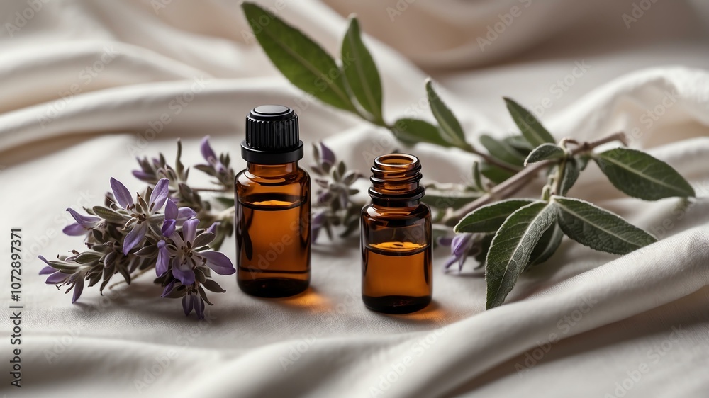 Aesthetic bottle of essential oil on a white silk background. Clary Sage on the side. Aesthetic bottle of essential oil on a white silk background. Clary Sage on the side.