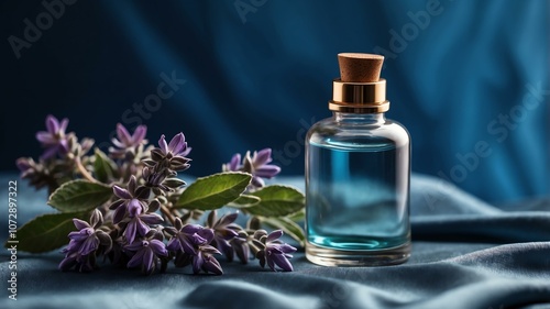 Aesthetic bottle of essential oil on a blue silk background. Clary Sage on the side.