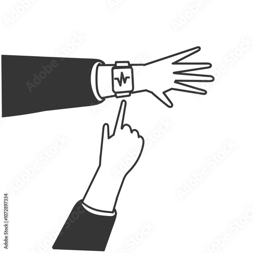 person showing smart watch on wrists in doodle drawn cartoon style