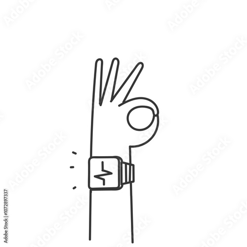 person showing smart watch on wrists in doodle drawn cartoon style