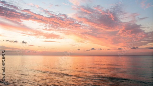 Soft peach and coral hues add warmth to a peaceful sunset scene over the ocean's surface, shoreline, warm tones, waves, sand