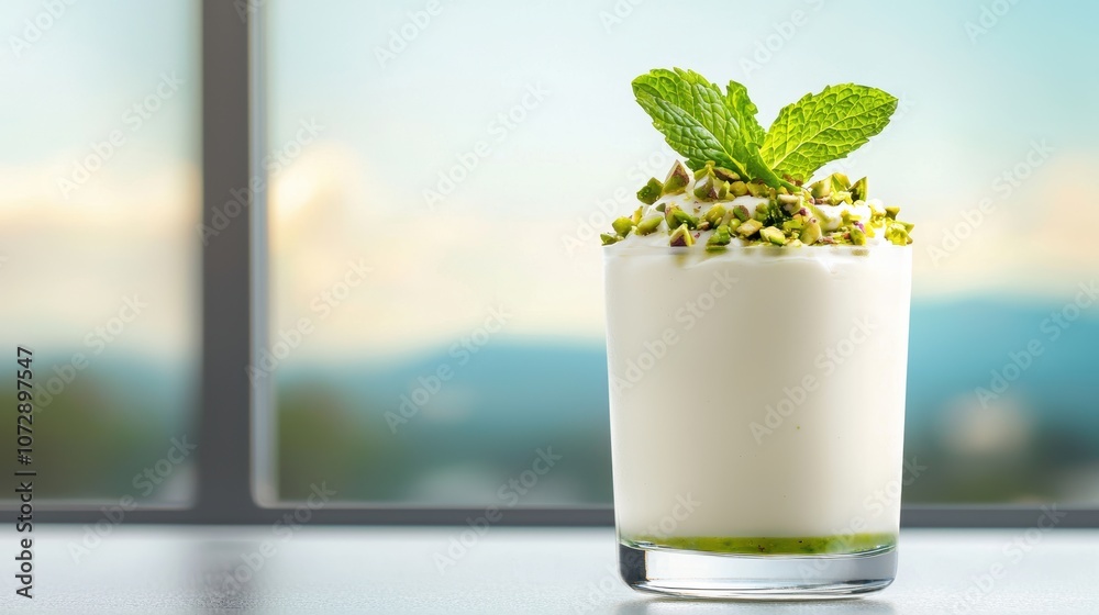 A glass bowl of yogurt garnished with fresh mint leaves and a sprinkle of chopped pistachios, showcasing a light and refreshing dessert option with a touch of elegance. A glass bowl of yogurt garnished with fresh mint leaves and a sprinkle of chopped pistachios, showcasing a light and refreshing dessert option with a touch of elegance.