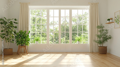 A bright and airy room features large windows with lush greenery outside, creating serene atmosphere. space is adorned with potted plants and wooden accents, enhancing its natural charm