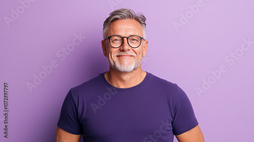 Smiling man with gray hair and glasses wearing purple shirt against purple background, exuding confidence and warmth