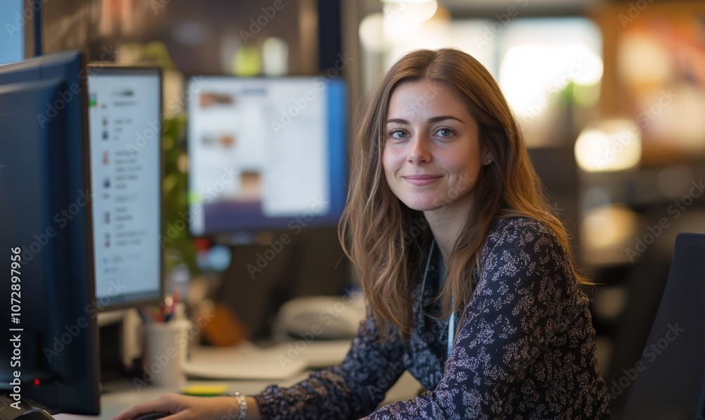 Young woman in headphones working from call centre as customer support operator. Young woman in headphones working from call centre as customer support operator.