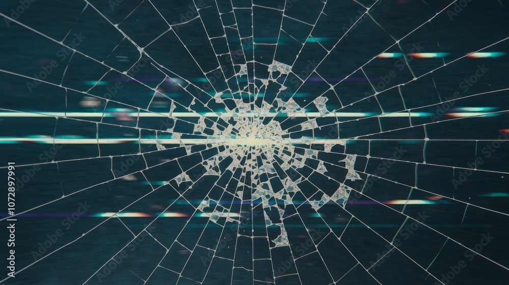 Fototapeta premium Shattered glass texture. Broken glass radiating outwards, symbolizes destruction, fragility, and vulnerability. Dark teal background.