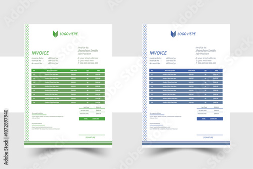 Tax form, bill graphic or payment receipt page vector set.two color invoice template.Professional Invoice Design Template (Modern Invoice Design).