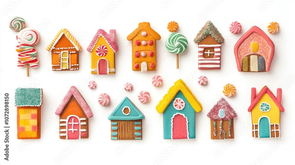 Gingerbread houses and candy, holiday sweets, vibrant colors, isolated on white background Gingerbread houses and candy, holiday sweets, vibrant colors, isolated on white background