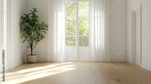 Wallpaper Mural A bright and airy interior space featuring large window with sheer curtains, allowing natural light to flood in. potted plant adds touch of greenery to minimalist design Torontodigital.ca