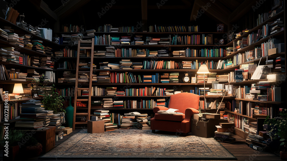A cozy library filled with books, featuring red armchair, warm lighting, and rug. atmosphere invites relaxation and reading