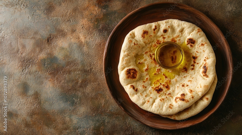 Fresh Bread with Olive Oil on Rustic Plate
