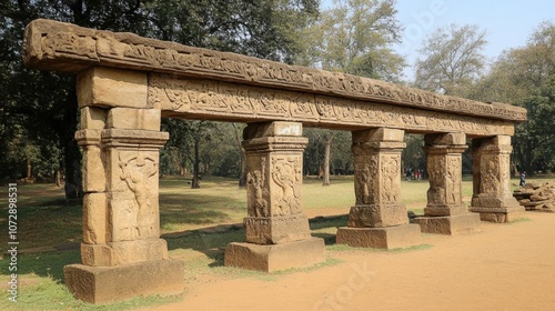 The ancient ruins of the Sanchi Stupa, showcasing its beautifully carved gateways and peaceful surroundings, symbolizing Buddhist and Hindu harmony