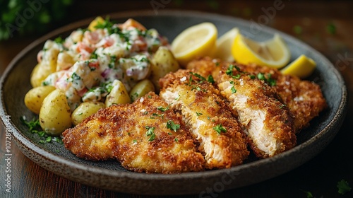 Crispy Chicken Schnitzel with Potato Salad and Lemon Wedges Recipe