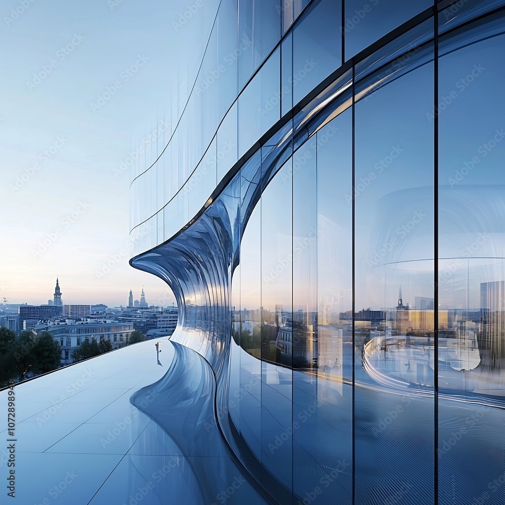 Obraz premium Captivating 3D Glass Structure with Curved Design and Urban Reflections