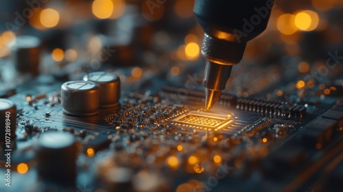 Close-up of a soldering iron connecting electronic components on a circuit board skilled hands and precision tools in electronics production photo