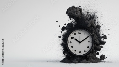 An artistic depiction of a clock disintegrating into dust, symbolizing the passage of time and the impermanence of life.