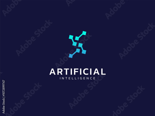 Artificial intelligence with letter X network lines technology Analysis logo vector design concept. AI technology logotype symbol for advance technology, tech company, innovation, ui, robot, new tech.