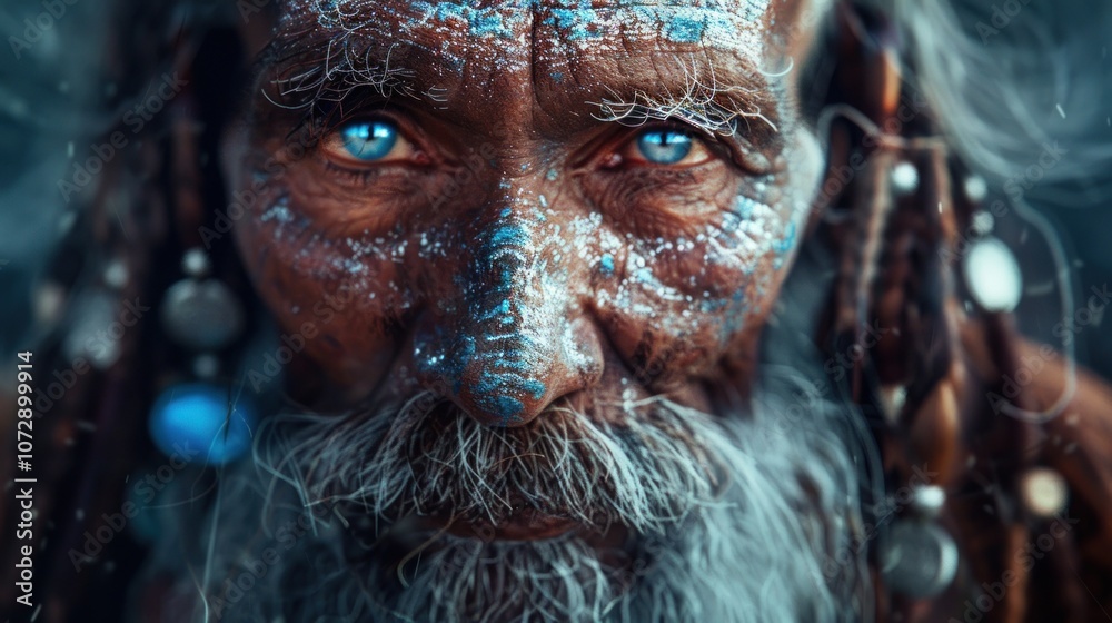 Close-up portrait of an elderly man with blue eyes and a white beard, painted with blue patterns. Close-up portrait of an elderly man with blue eyes and a white beard, painted with blue patterns.