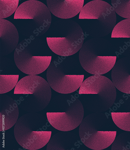 Circles with Clockwise Gradient Original Seamless Pattern Trend Dot Work Vector Purple Abstract Background. Retro Futurism Repetitive Half Tone Art Illustration. Endless Mod Abstraction for Wallpaper