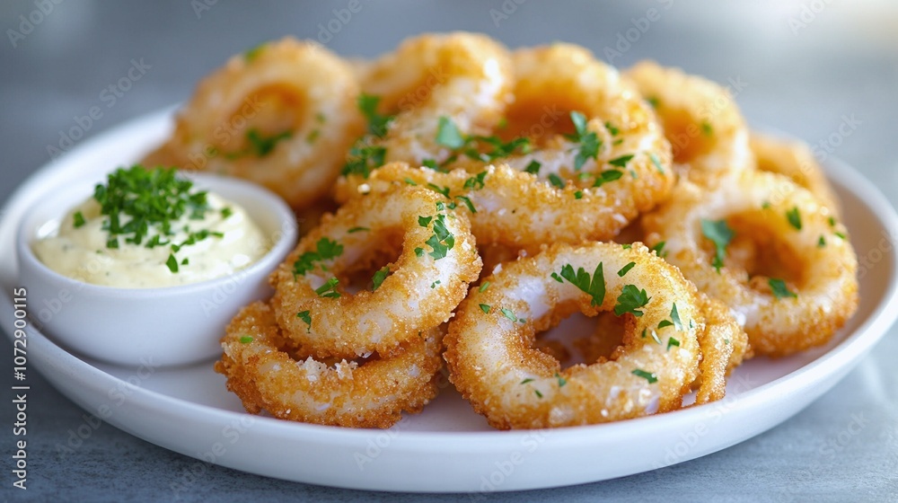 Crispy Calamari Rings with Lemon Aioli and Parsley Garnish Crispy Calamari Rings with Lemon Aioli and Parsley Garnish