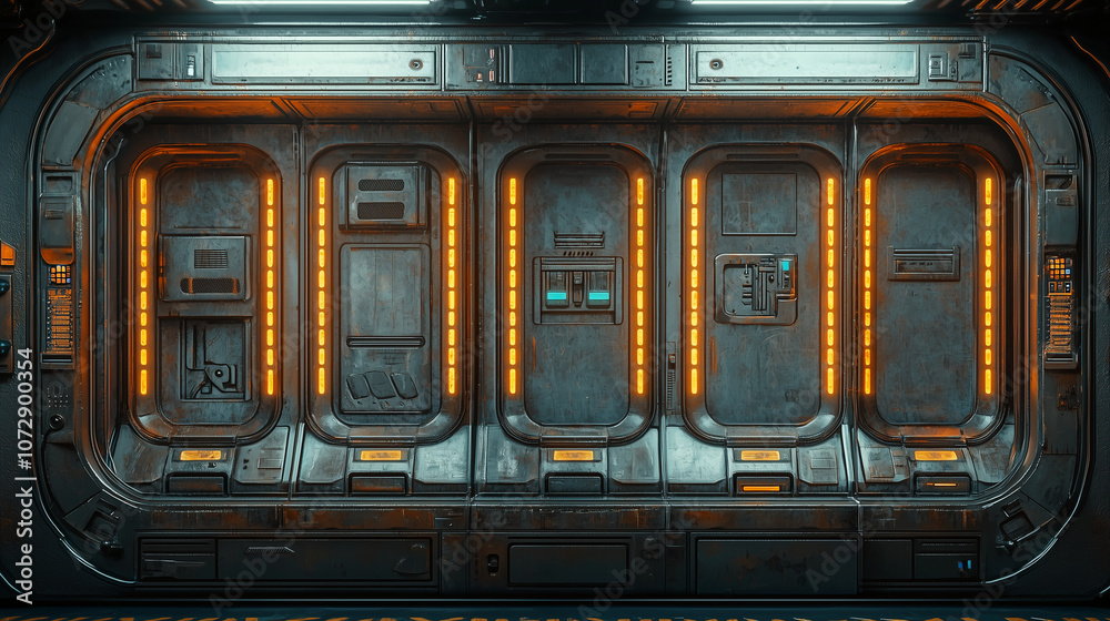 Obraz premium Futuristic sci-fi corridor with illuminated panels, industrial design, and high-tech details, perfect for backgrounds