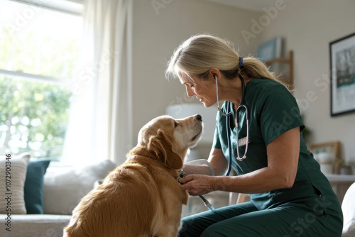 A veterinarian in green scrubs gently examines golden retriever, showcasing caring bond between them. warm atmosphere highlights importance of pet care and compassion