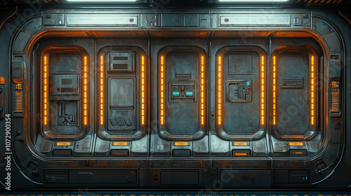 Futuristic sci-fi corridor with illuminated panels, industrial design, and high-tech details, perfect for backgrounds