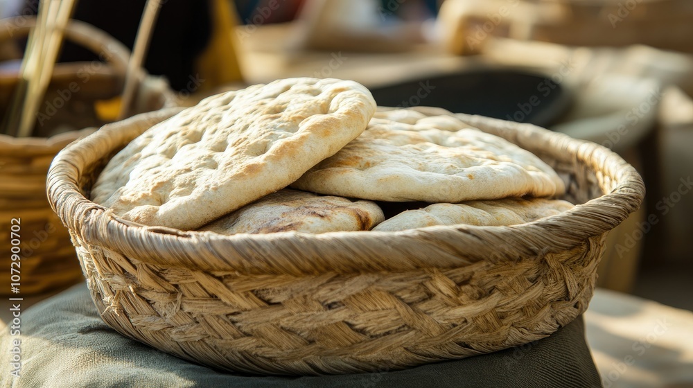 Freshly Baked Flatbread in Woven Basket Freshly Baked Flatbread in Woven Basket