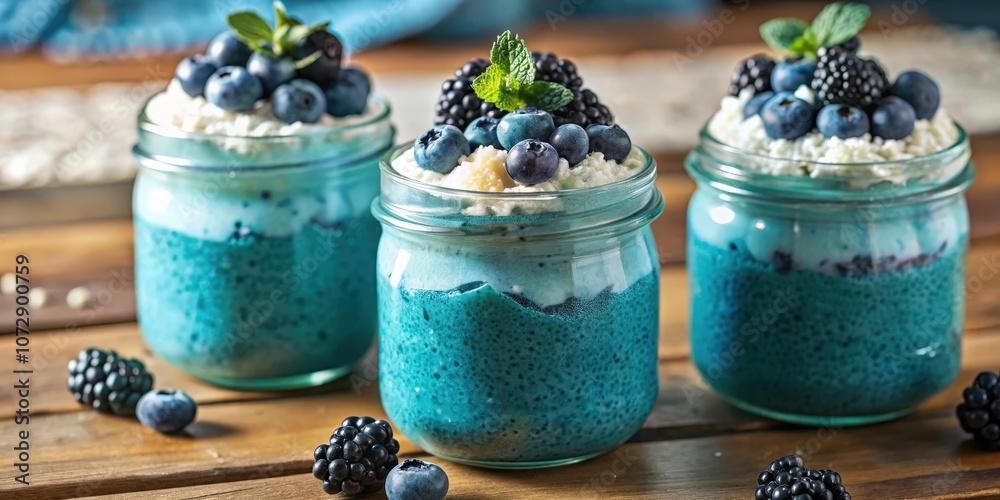 Blue pudding with whipped cream topped with blueberries and blackberries in glass jars on a wooden table Blue pudding with whipped cream topped with blueberries and blackberries in glass jars on a wooden table