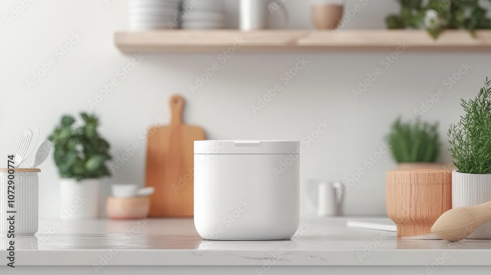 A modern white container sits on kitchen countertop, surrounded by greenery and wooden utensils, creating serene and organized atmosphere