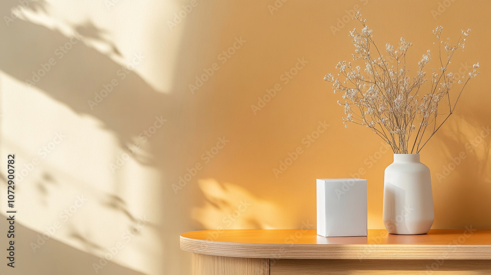 A minimalist interior scene featuring white vase with dried flowers and small white cube on wooden surface against warm yellow wall. soft shadows create serene atmosphere A minimalist interior scene featuring white vase with dried flowers and small white cube on wooden surface against warm yellow wall. soft shadows create serene atmosphere